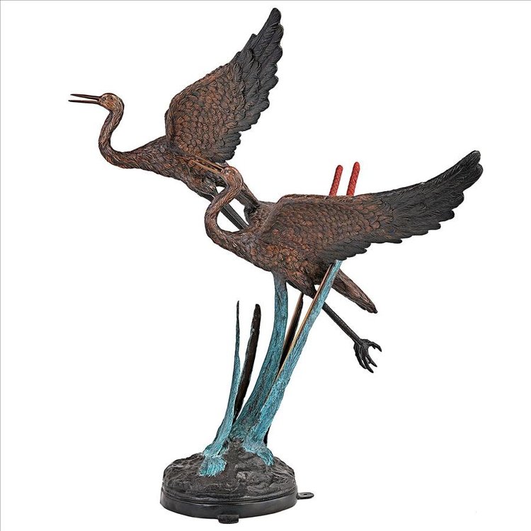 Flying Bronze Heron Pair In Reeds Statue
