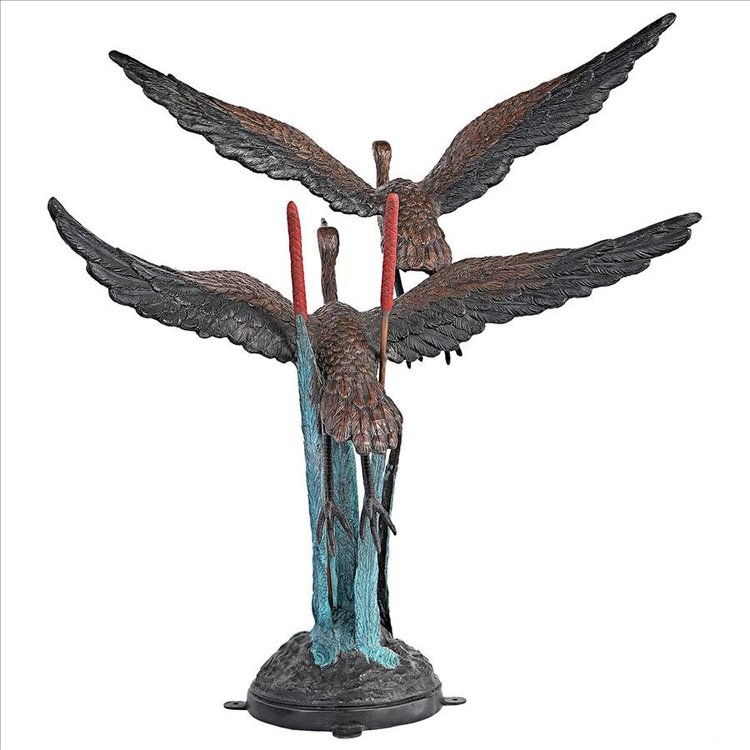 Flying Bronze Heron Pair In Reeds Statue