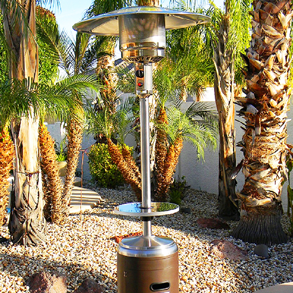 87" Tall Two Tone Outdoor Patio Heater with Table- Hammered Bronze & Stainless Steel