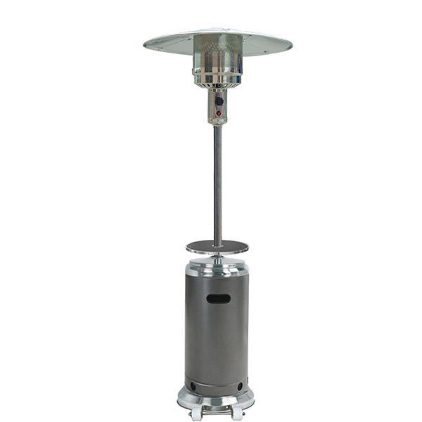 87" Tall Two Tone Outdoor Patio Heater With Table-Hammered Silver & Stainless Steel